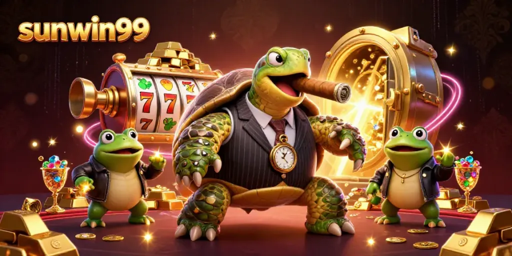 Experience fortune with sunwin99; a scene of vibrant slots and cartoon turtles in a magical casino.