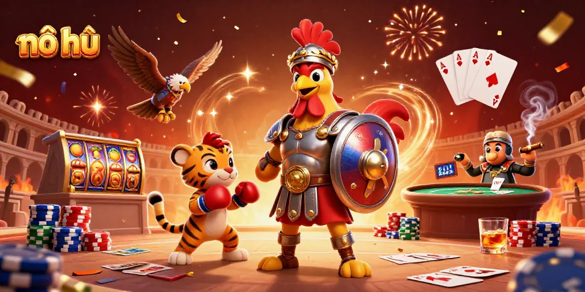 Experience thrilling nổ hũ action with a gladiator rooster facing a playful tiger cub in a vibrant casino arena.