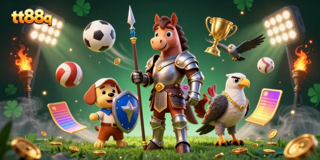 Experience the thrill of gaming with tt88q, featuring knight, falcon, and puppy in a dynamic casino scene.