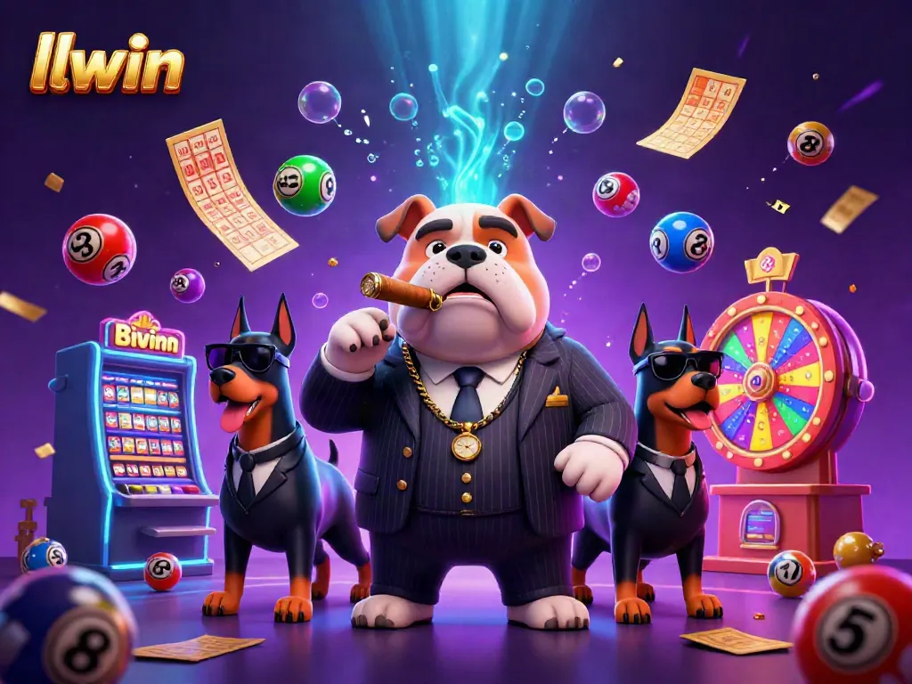 llwin showcases a vibrant casino scene with a mafia bulldog and lottery elements, creating excitement.
