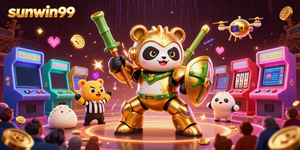 Join the action at sunwin99 as a mech-suit panda battles in a thrilling casino-inspired arena.