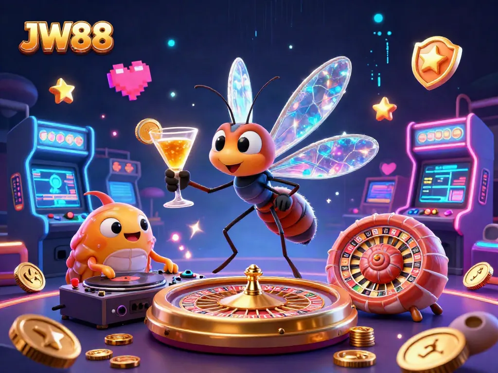 Experience exciting gaming at JW88 with a dynamic 3D cartoon casino illustration featuring unique characters and activities.
