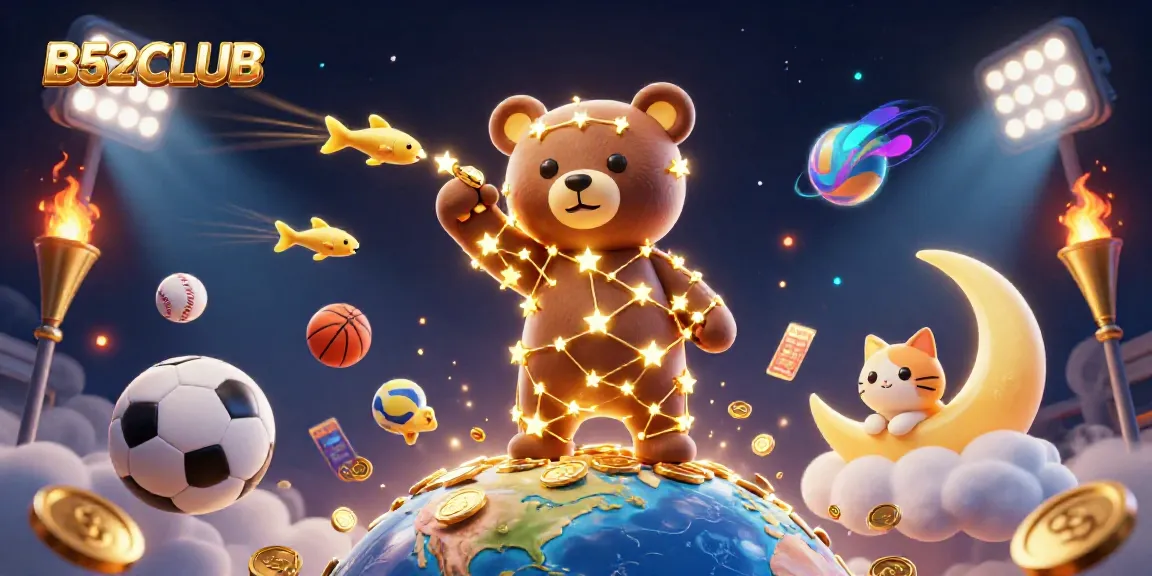B52CLUB's constellation bear scoops coins in a vibrant sports gambling scene.