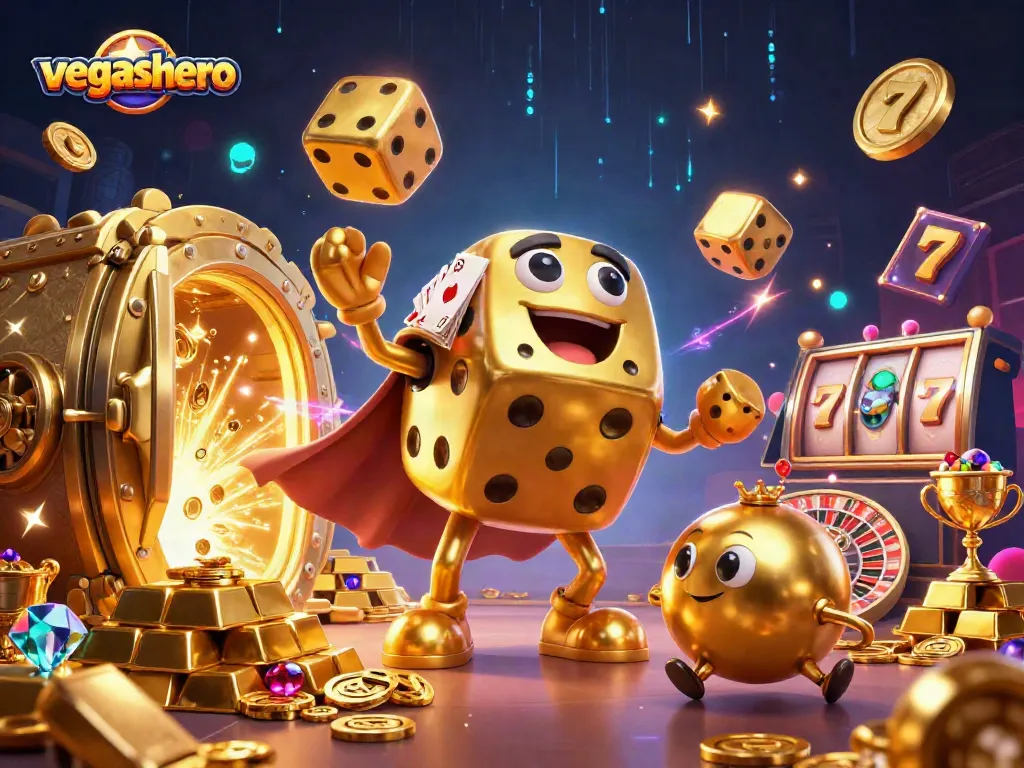 Experience vegashero's vibrant gaming scene with a golden dice golem and rich casino elements.
