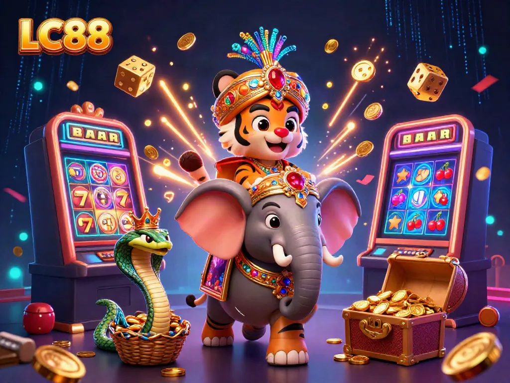 Experience the thrill of playing at LC88 with a vibrant decorative casino scene featuring a maharaja tiger and elephant.