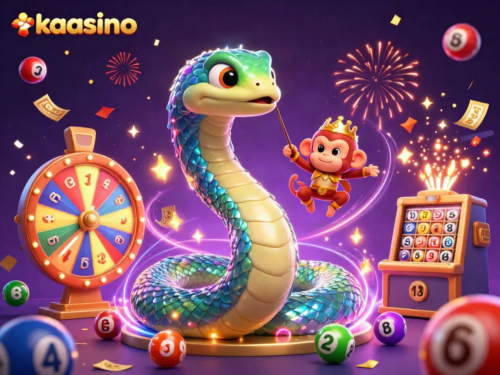 Engage with kaasino's vibrant casino world, featuring colorful elements, a playful monkey king, and glowing magic.