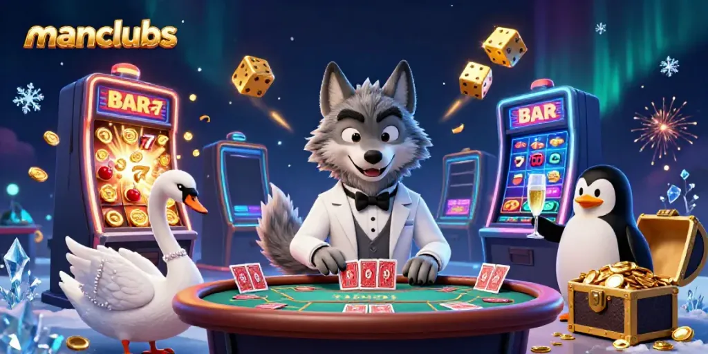 Experience luxury gaming with manclubs featuring a debonair wolf, elegant swan, and sophisticated penguin in a vibrant casino scene.