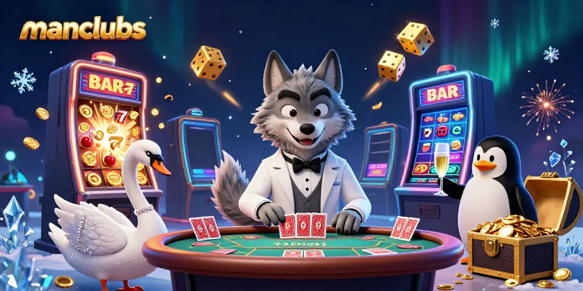 Experience luxury gaming with manclubs featuring a debonair wolf, elegant swan, and sophisticated penguin in a vibrant casino scene.