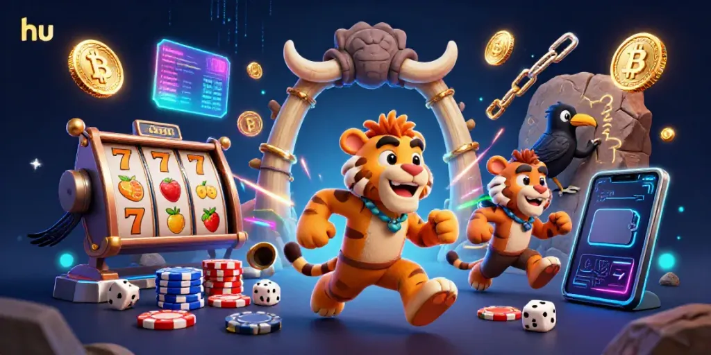 Engage in thrilling slots at hu's prehistoric casino with vibrant characters and neon elements.