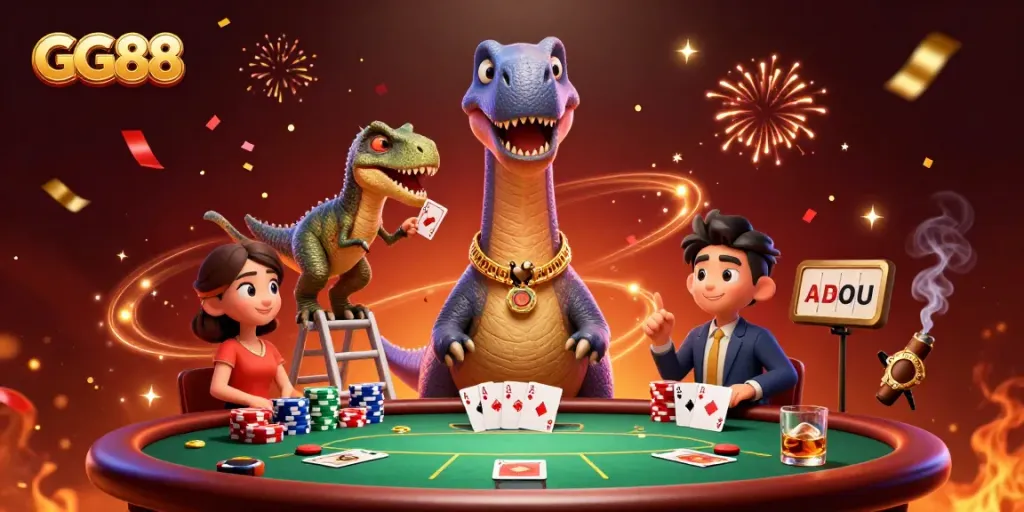 Engage in thrilling poker action at GG88 with a lively 3D casino scene featuring vibrant characters and dynamic gameplay elements.