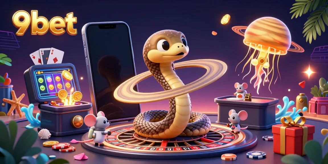 Experience the thrill of 9bet with a cosmic-themed casino scene filled with fun characters and vibrant games.