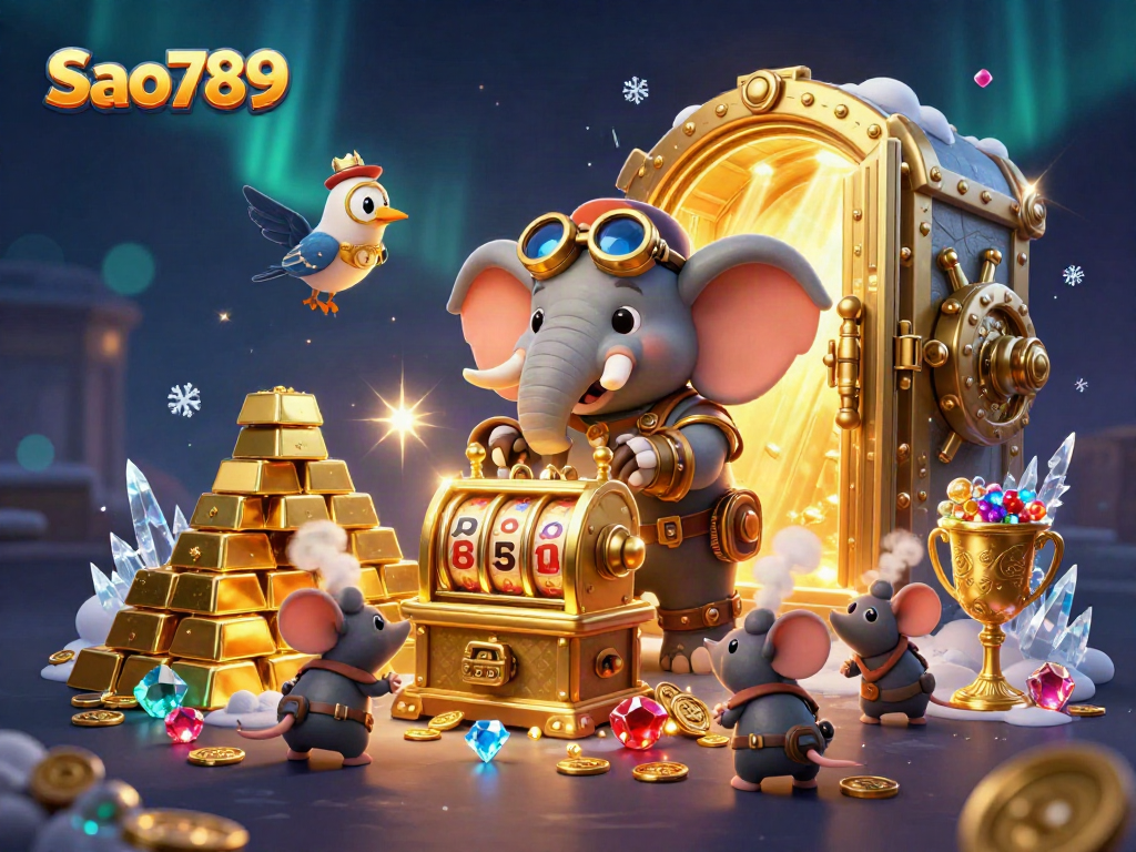 Engage with the dynamic Sao789 gaming world featuring a steampunk elephant engineer and gleaming treasures.