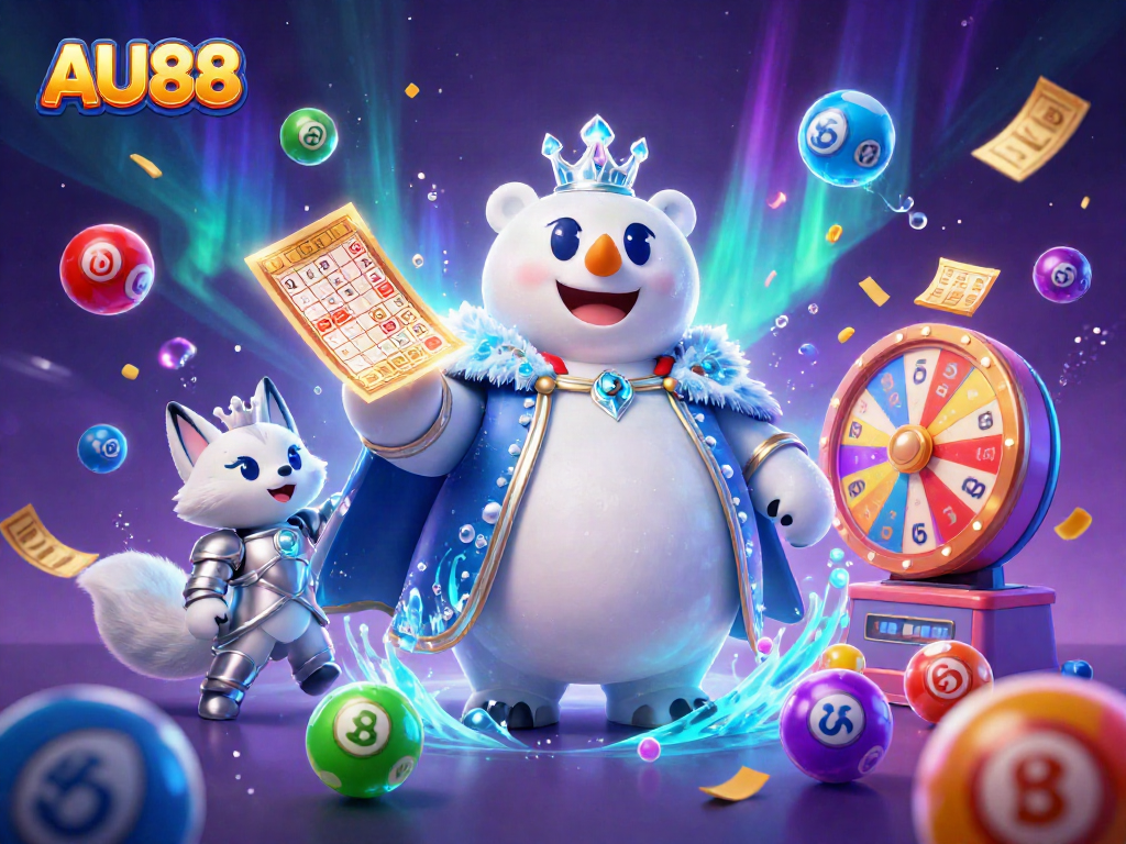 Engage in thrilling gameplay with AU88 featuring a whimsical scene of a polar bear and fox amidst vibrant casino elements.