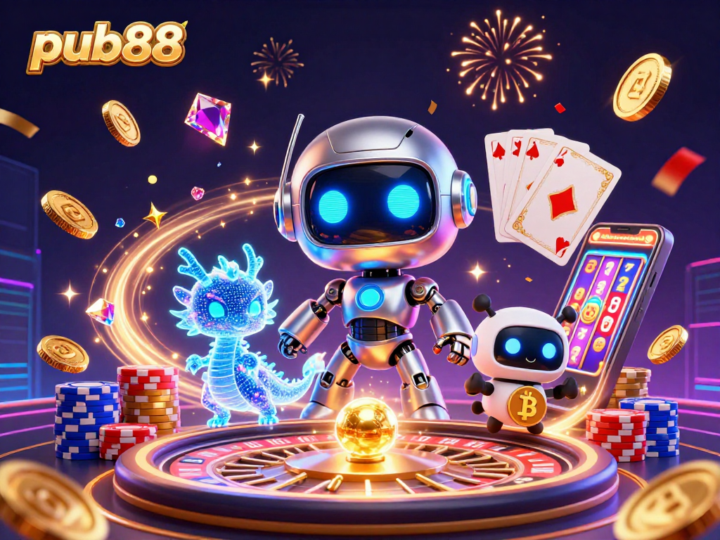 Experience thrilling games at pub88 with a vibrant 3D casino scene full of excitement and action.