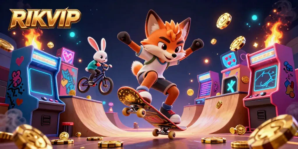 RIKVIP showcases vibrant 3D cartoon action with a fox and rabbit in a dynamic casino environment.