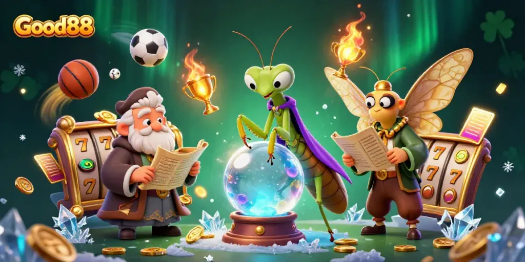 Good88 showcases a fortune teller and librarian among vibrant slot reels and sports elements.