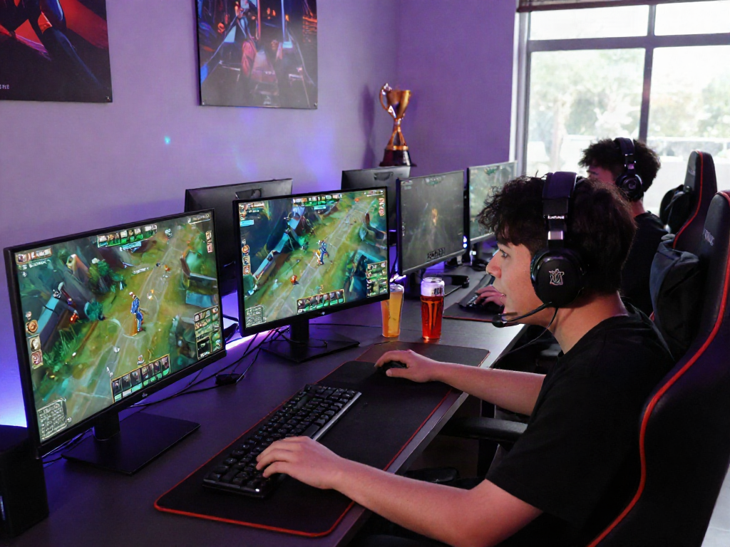 The player passionately competing in esports on KU88, surrounded by gaming gear and screens.