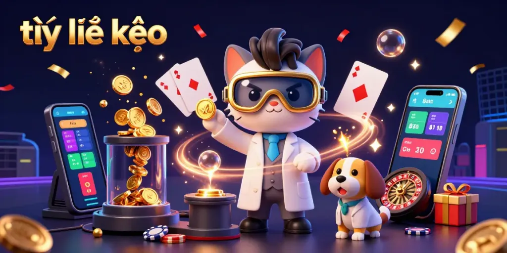Engaging scene depicting tỷ lệ kèo dynamics with a cat scientist and dog assistant creating a sports betting app.