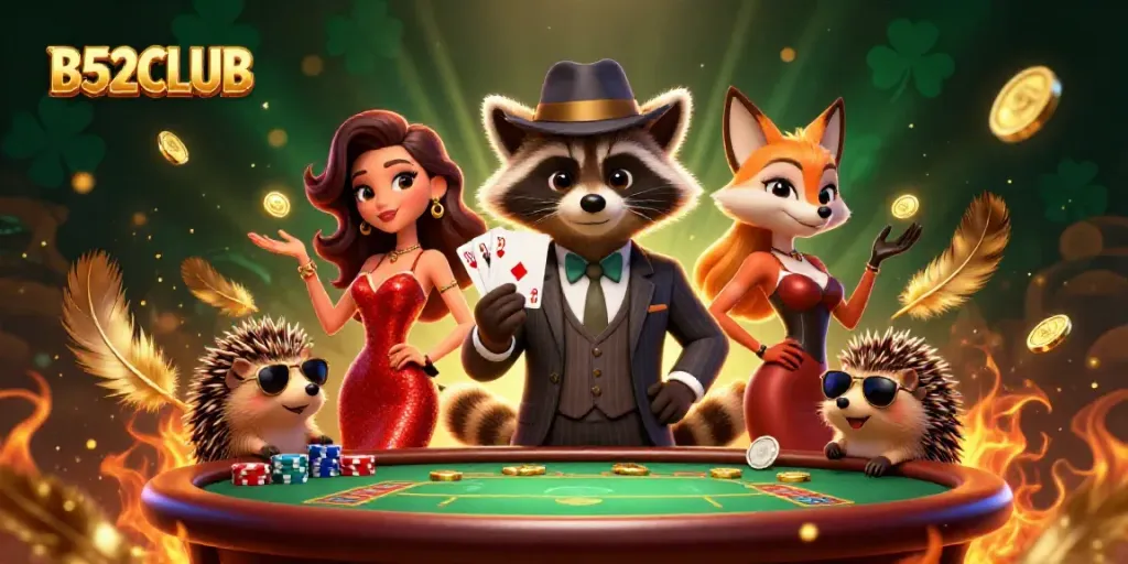 Experience the thrill of B52CLUB with a suave raccoon and glamorous fox amidst a vibrant casino setting.