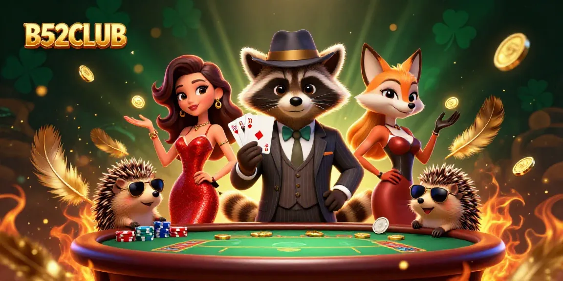 Experience the thrill of B52CLUB with a suave raccoon and glamorous fox amidst a vibrant casino setting.