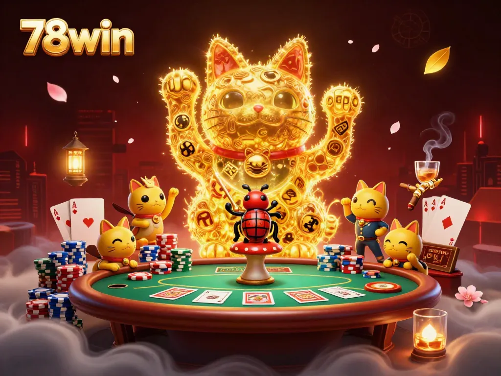 Engage with 78win's lively 3D illustration showcasing a lucky cat crafted from fireflies amid vibrant casino elements.