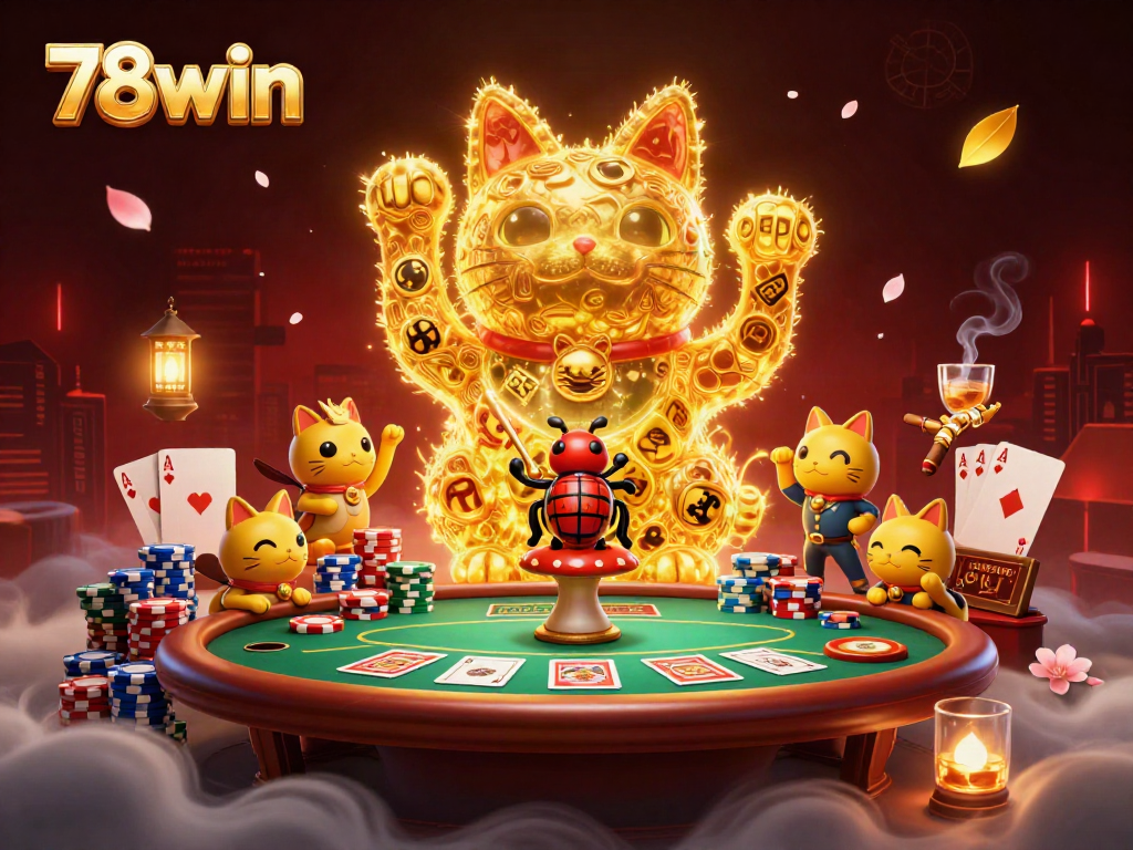 Engage with 78win's lively 3D illustration showcasing a lucky cat crafted from fireflies amid vibrant casino elements.
