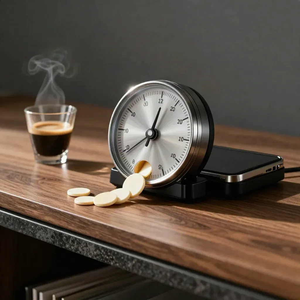 Luxe stilleven van een bid-dial, leadchips en een telefoondock op warm walnotenhout met stoom.