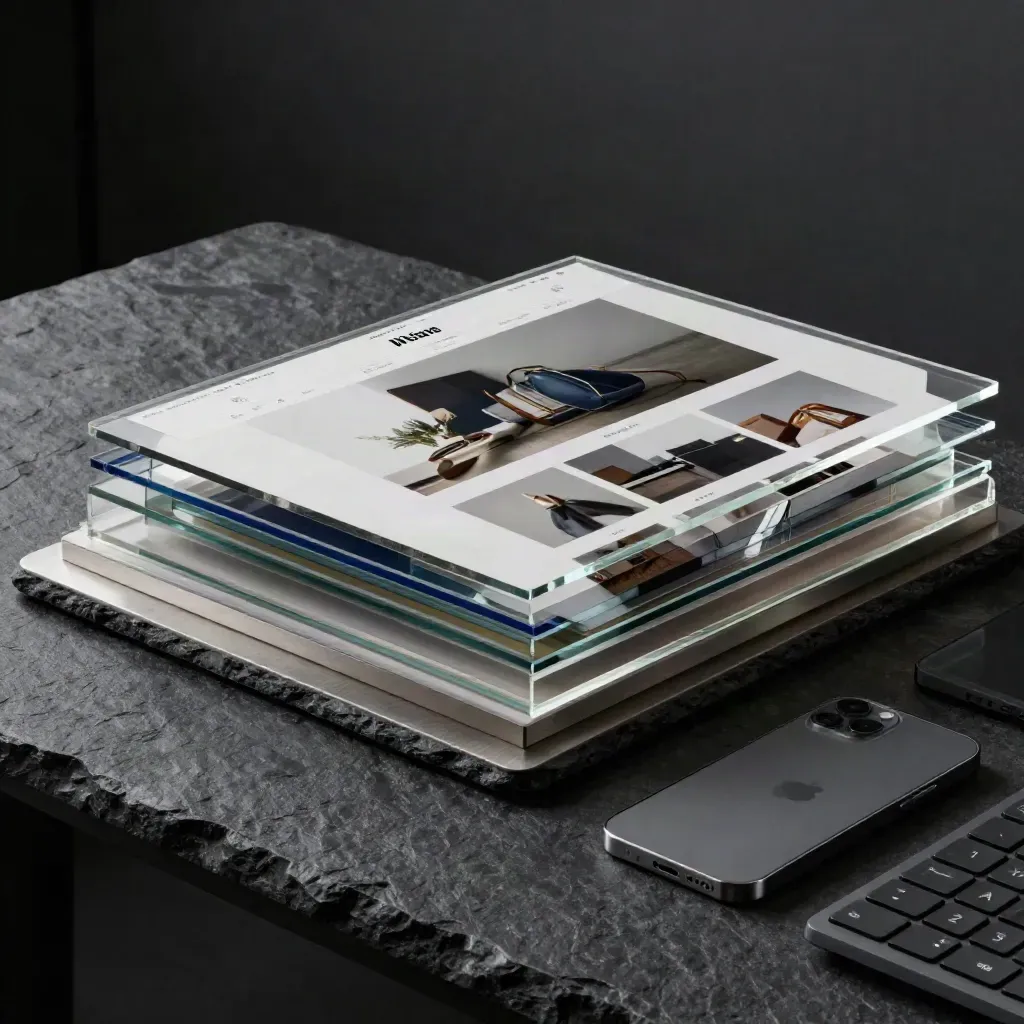 Websiteontwerp als fysieke laagjes van acryl en device-sjablonen op zwarte stenen tafel.