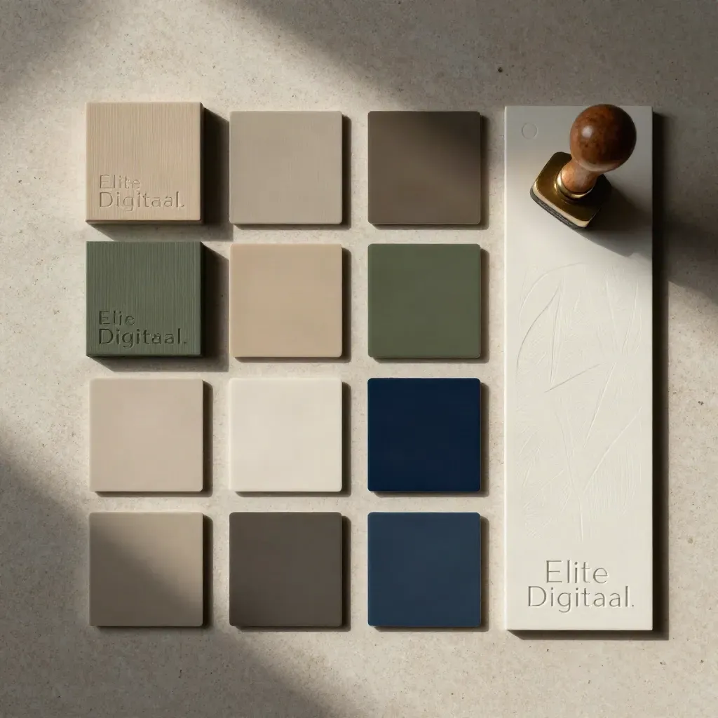 Flatlay met merkstalen, embossingblokken en lakstrips in strakke kleurgrid.
