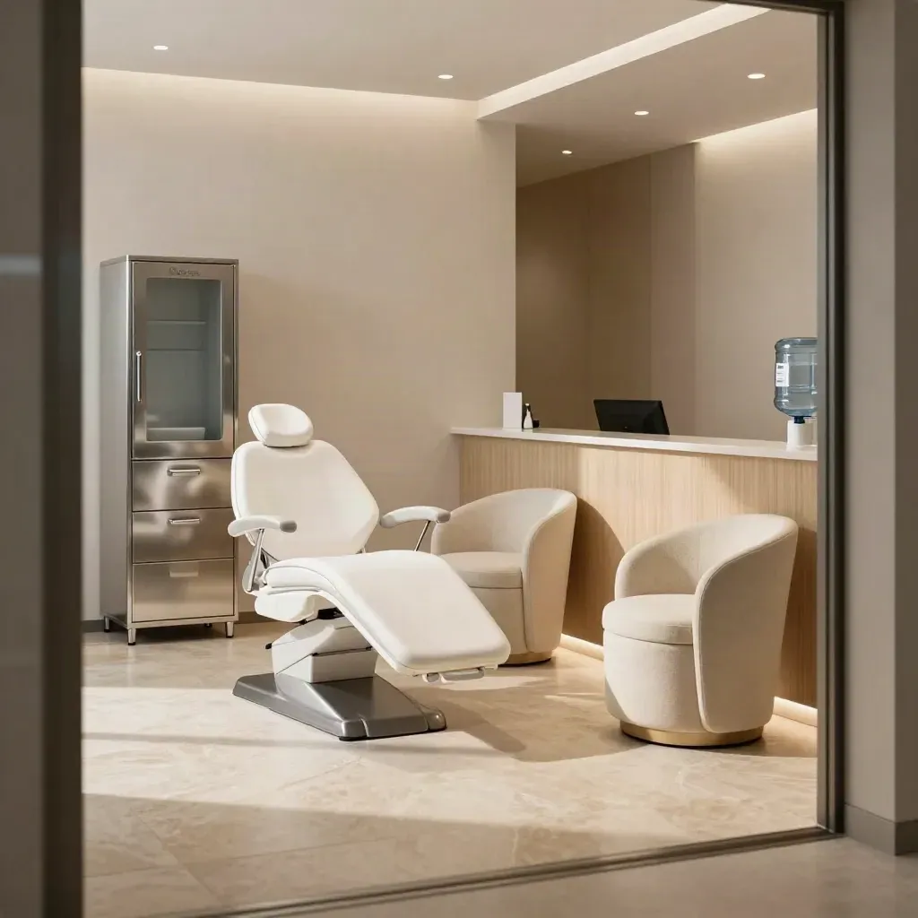 Lege tandartsreceptie met witte stoel, sterilisatiekast en zachte zitbank in warm daglicht.
