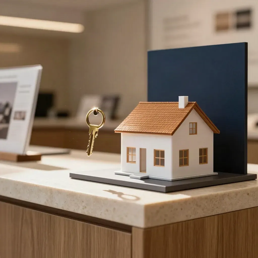 Miniatuur huismodel en sleutelhanger in een luxe makelaarsdisplay, in warme lichtsfeer.