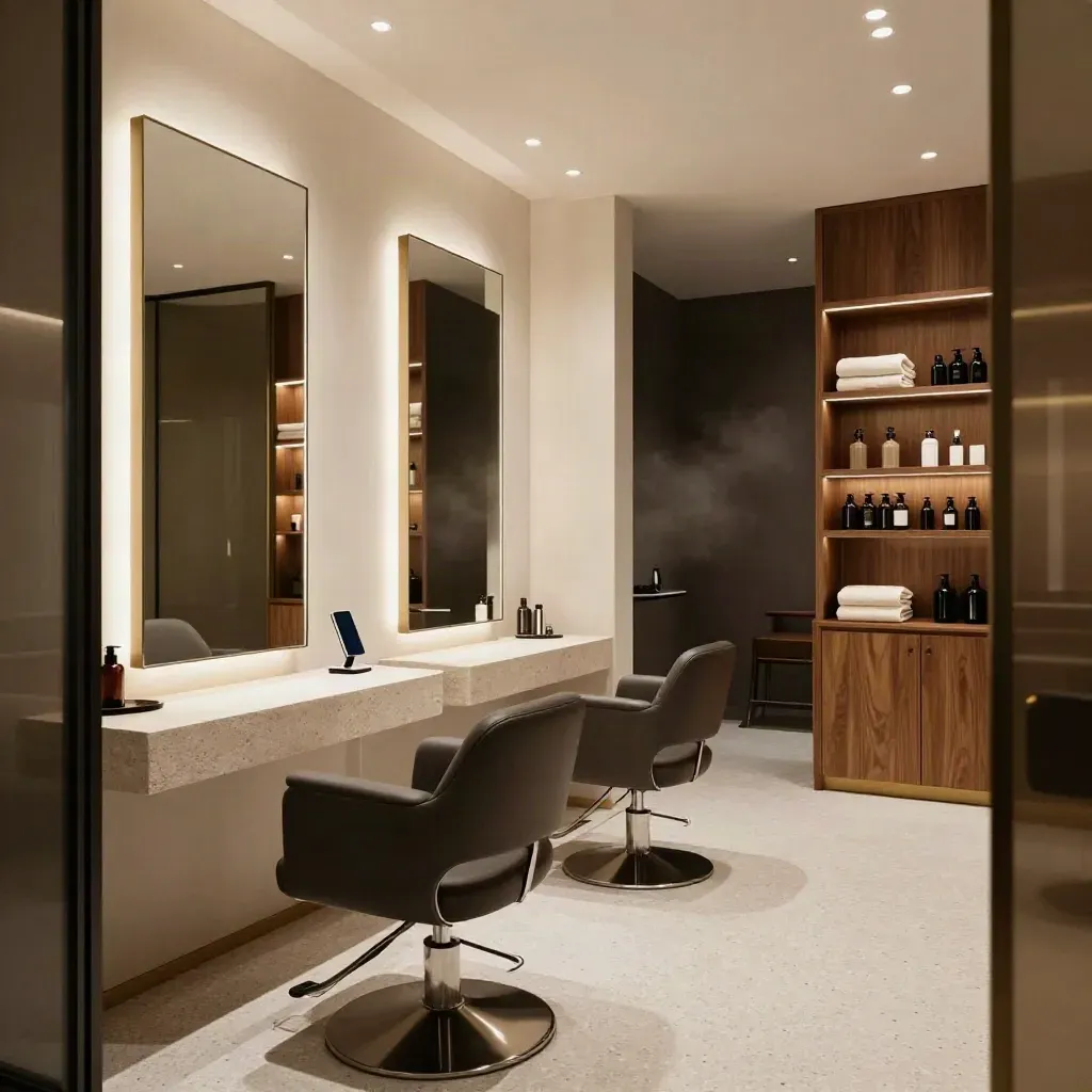 Lege saloningang met verlichte spiegels, stoelen, productrekken en een telefoonhouder.