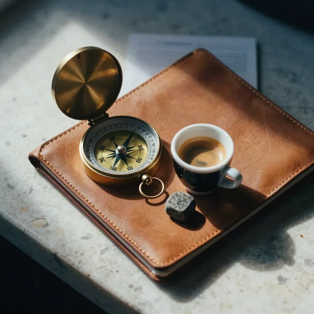 Bovenaanzicht van een messing kompas, leren notitieboek, espressokop en stenen gewicht op travertin.