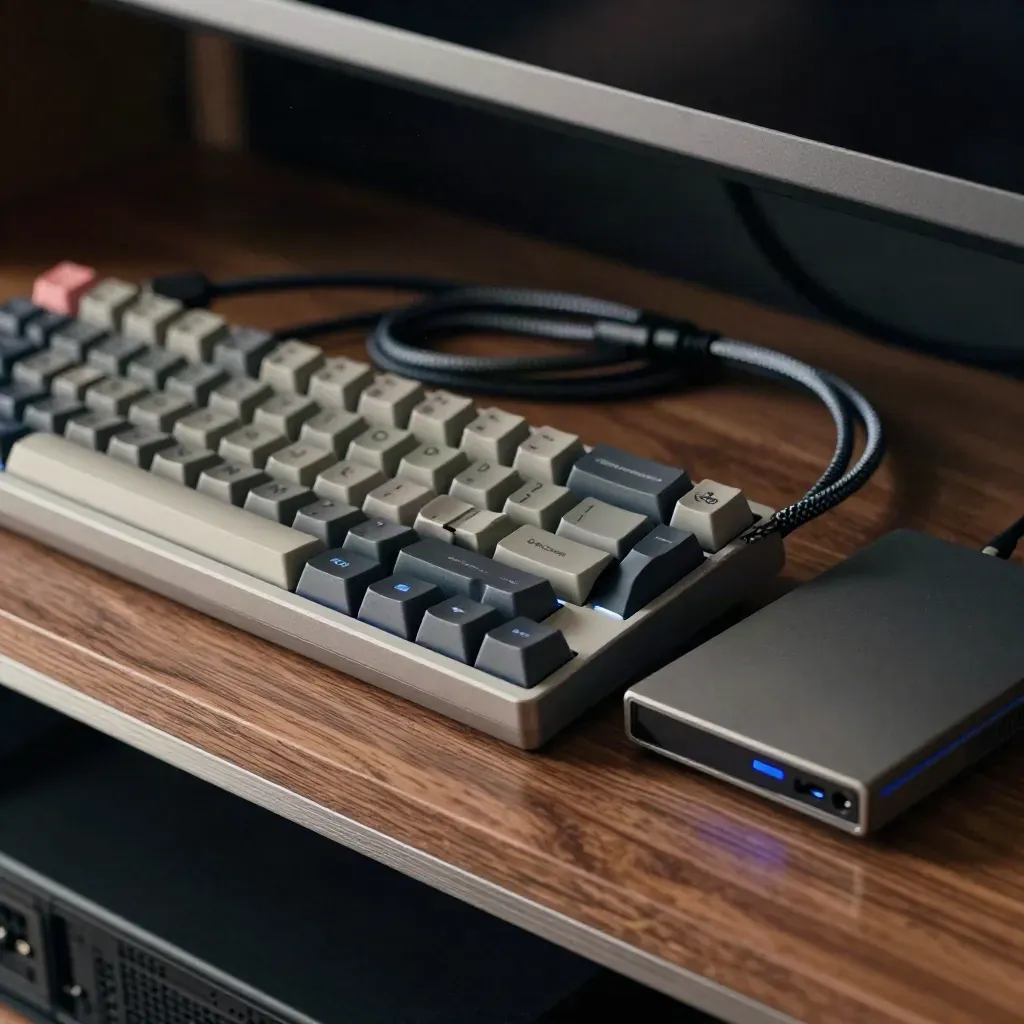 Mechanisch toetsenbord, USB-C kabel, SSD en router op een walnoten werkbank.