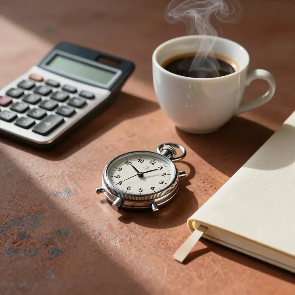 Chrome timingdial, koffiekop, rekenmachine en gesloten notitieboek op terracotta bureau met espresso-stoom.