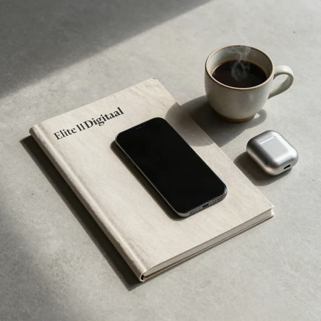 Overhead flatlay van intake: map, telefoon, koffiekop en oortjescase op beton.
