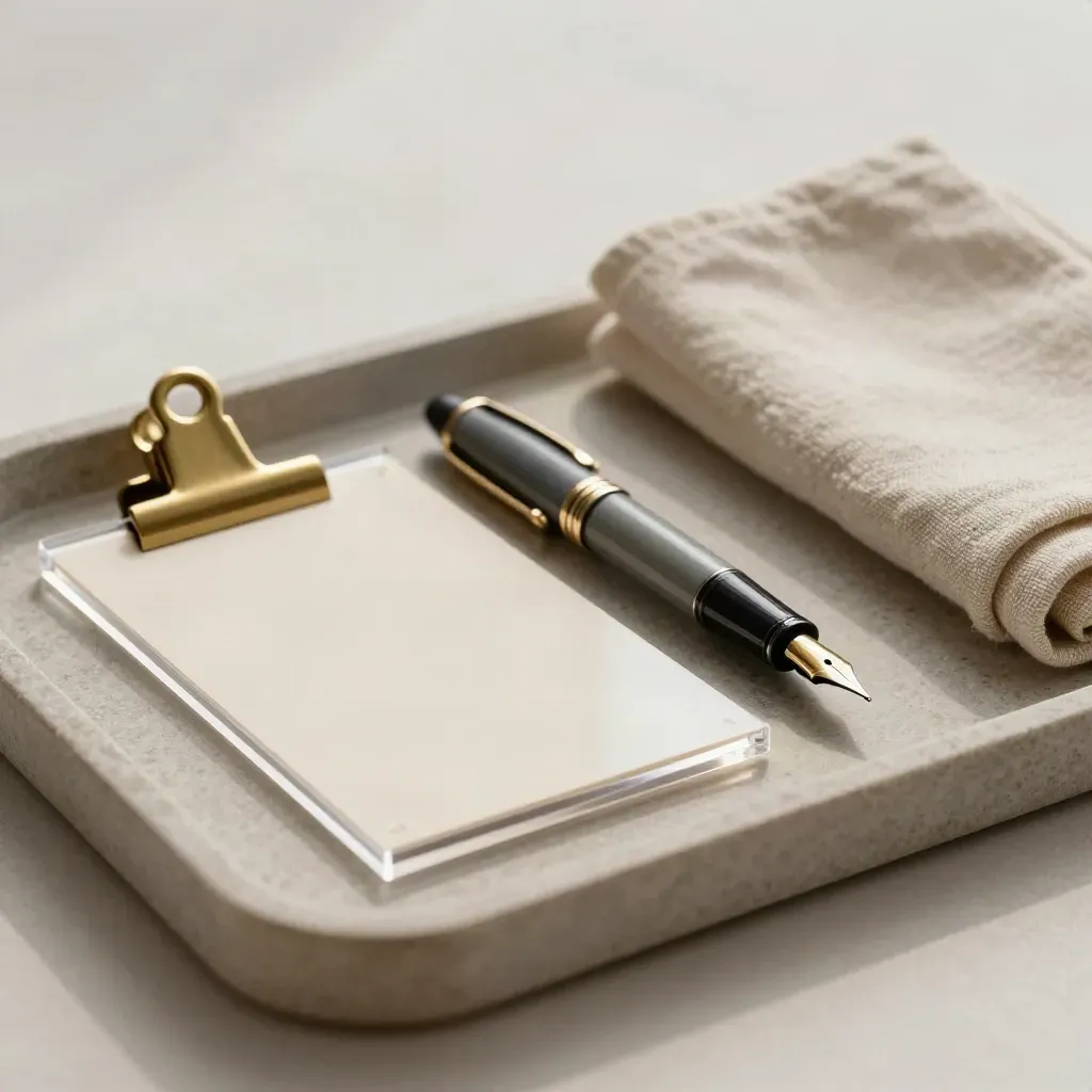 Acryl offertesleeve, vulpen en messing clip op een stenen tray in zacht licht.