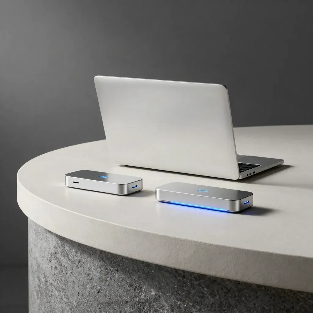 Gesloten laptop, telefoon-dock en statusmodules op lichte pleisterplint met blauwe gloed.