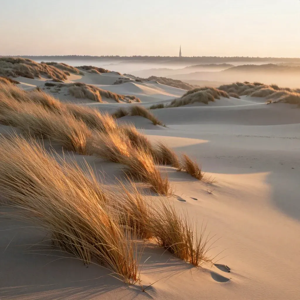 Gouden zonsopkomst boven de Kennemer duinen met verre Haarlemse spits in de mist