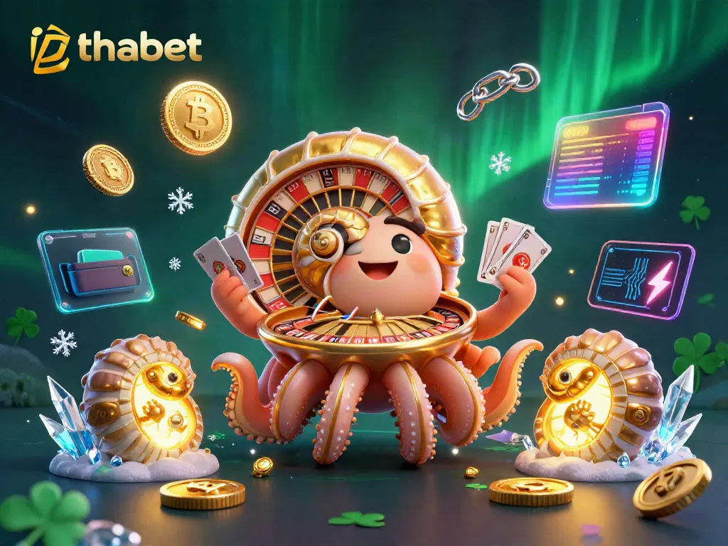Engage with thabet's thrilling casino experience through a vibrant 3D illustration featuring a giant roulette nautilus and glowing crypto coins.