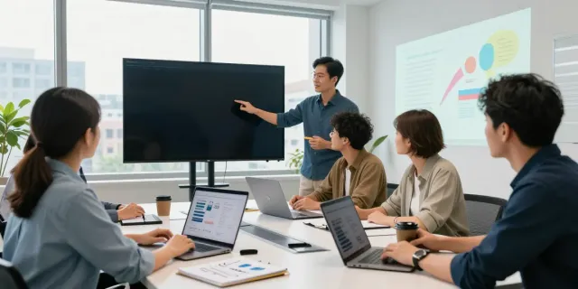 Domeinnaam kopen: een team bespreekt samenwerking voor digitale projecten in een moderne kantoorruimte.