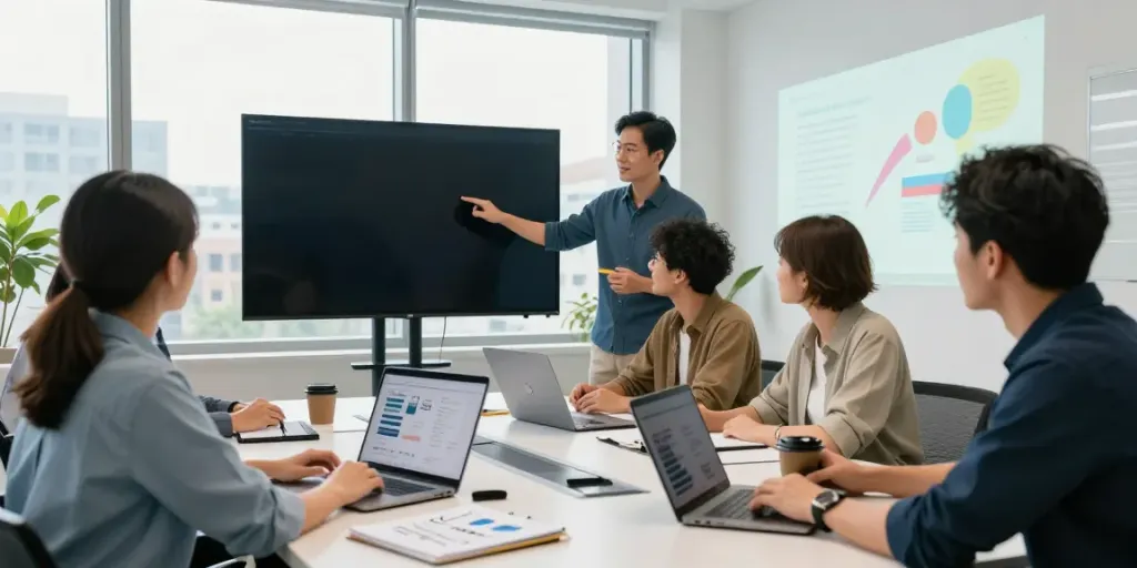 Domeinnaam kopen: een team bespreekt samenwerking voor digitale projecten in een moderne kantoorruimte.
