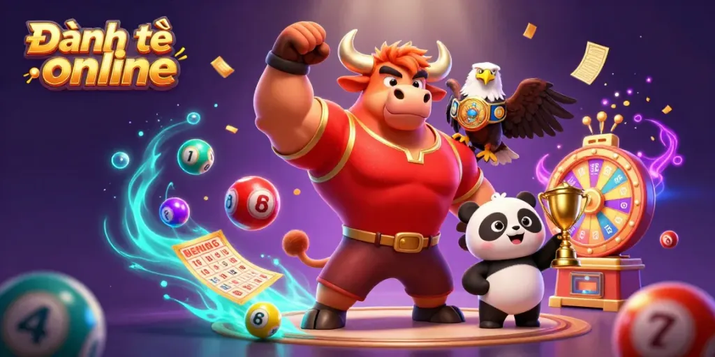 Experience Đánh đề online with vibrant lottery balls, fierce mascots, and thrilling prizes in a brilliant 3D scene.