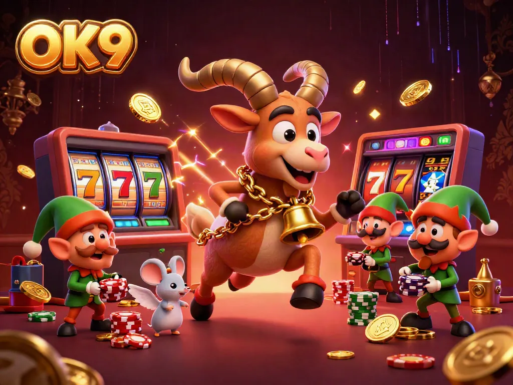 Experience the thrill of OK9 casino with Krampus and friends in a vibrant gambling scene.