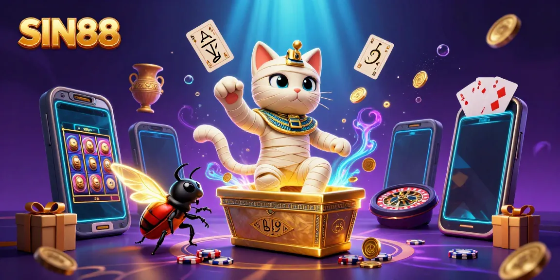 SIN88 offers engaging gaming experience with a mummy cat and glowing scarab in a vibrant pyramid casino scene.