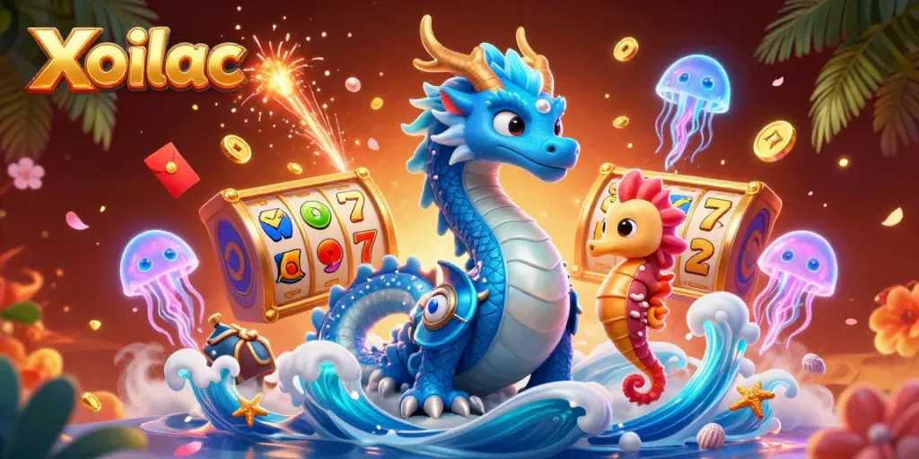 Xoilac showcases a thrilling casino adventure with vibrant animated characters and dynamic gaming elements.