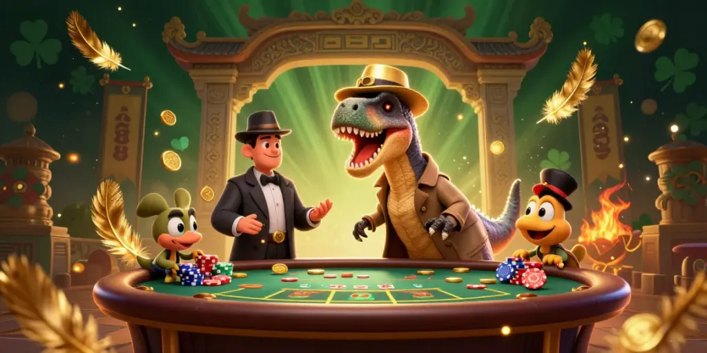 Win big with au88 at this vibrant casino scene featuring a velociraptor card counter and a stegosaurus pit boss.