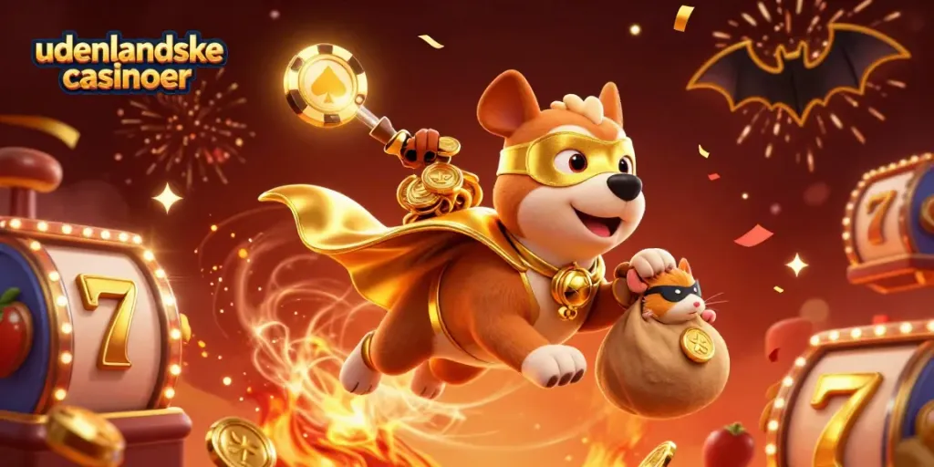 Experience the excitement of udenlandske casinoer with a superhero dog flying and gold coins spilling.