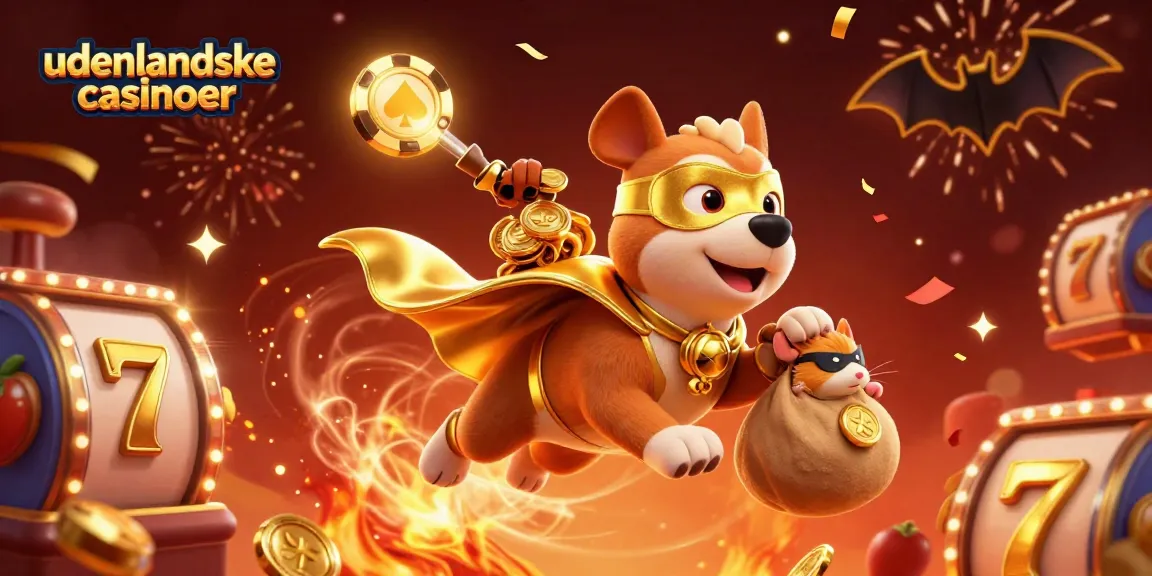 Experience the excitement of udenlandske casinoer with a superhero dog flying and gold coins spilling.