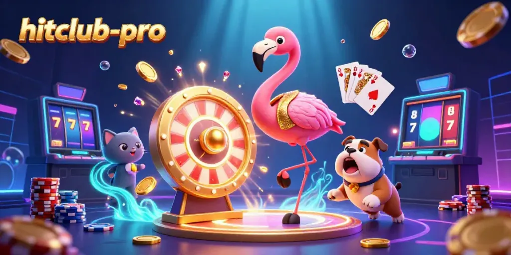 Experience the excitement of hitclub-pro with vibrant prizes and animated characters in a thrilling casino scene.
